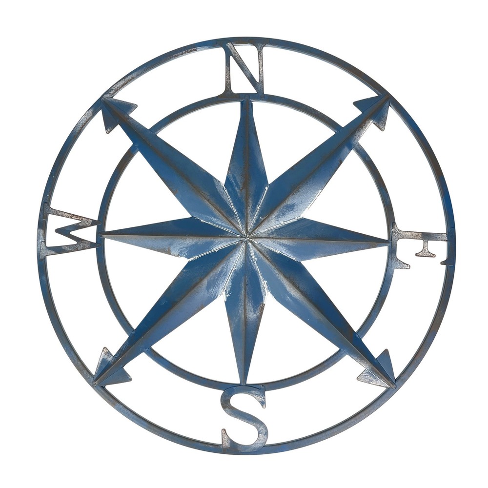 20 Inch Distressed Metal Compass Rose Nautical Wall Decor Indoor Outdoor, Blue