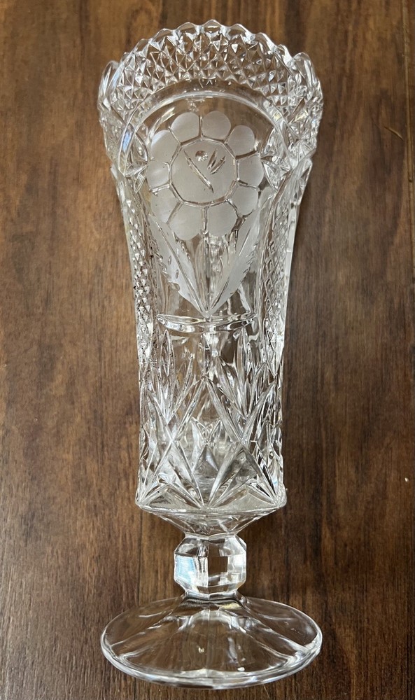 Vintage Anna Hutte Lead Crystal Cut Glass Vase with Floral Detail Sawtooth Edge