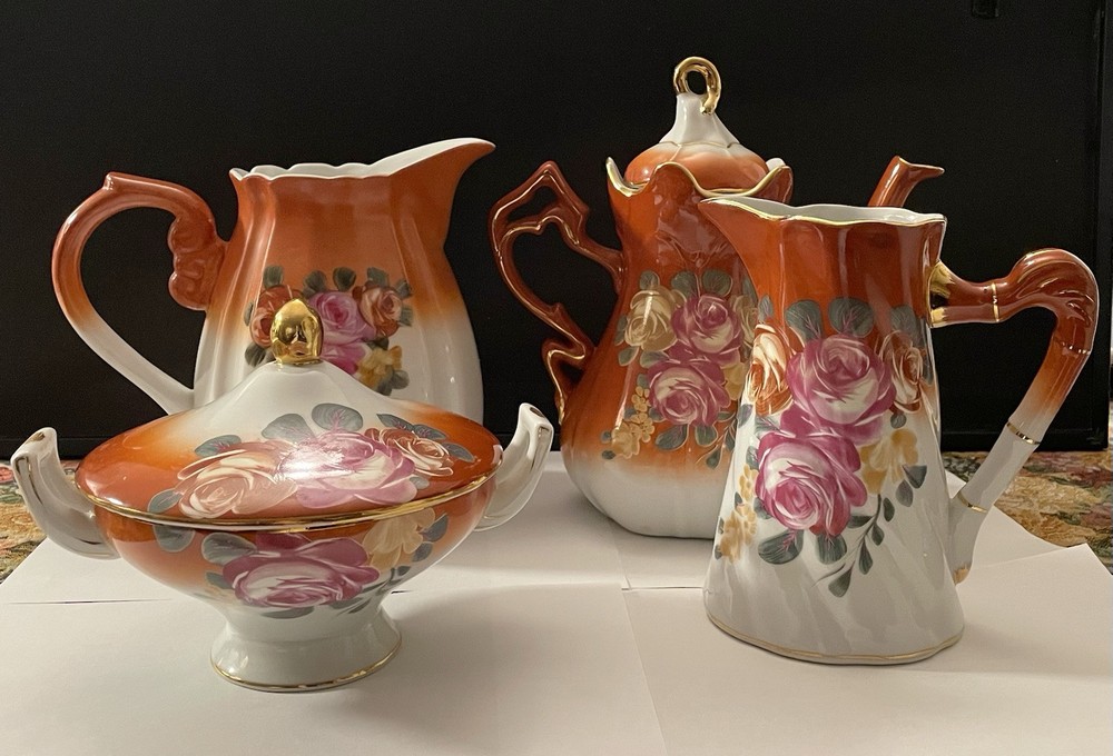 Set of 4 Orange Floral Decorative Tea Set with Teapot and Pitcher
