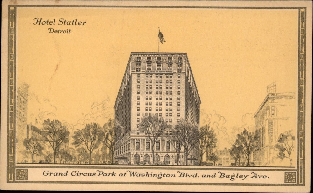 Michigan Detroit Hotel Statler flag Grand Circus Park ~ vintage postcard