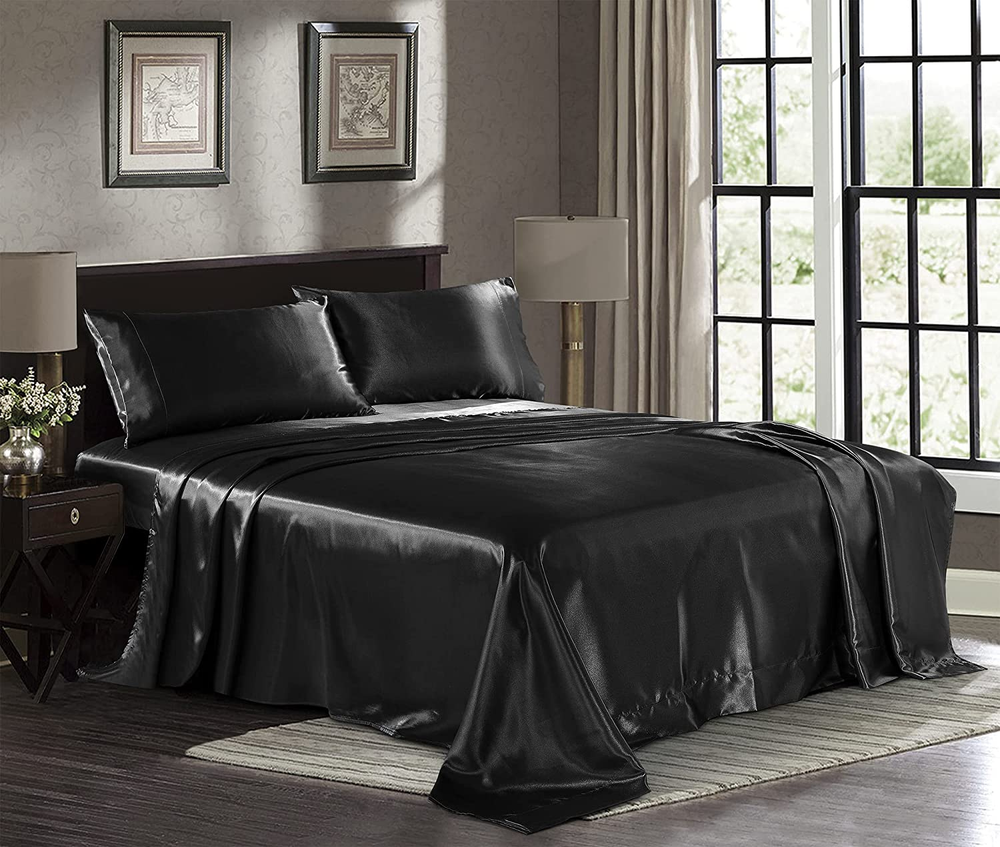 Satin Sheets Queen [4-Piece, Black] Hotel Luxury Silky Bed Sheets - Extra Soft 1