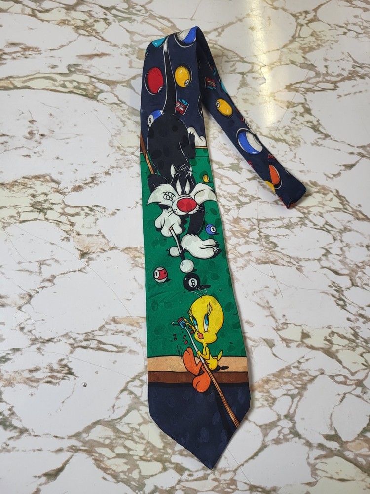 Vintage 1993 Looney Tunes Sylvester & Tweety Billiards Silk Tie - Hand Made