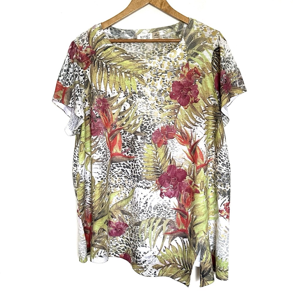 Terra & Sky Plus Shirt Women’s 1X Floral Embellished Short Sleeve Pullover Top