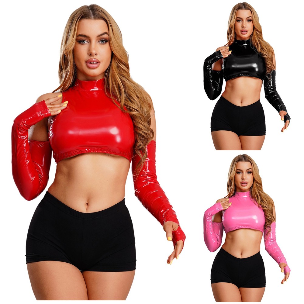 US Womens Wet Look Faux Leather Long Sleeve Crop Top Cold Shoulder Backless Tops