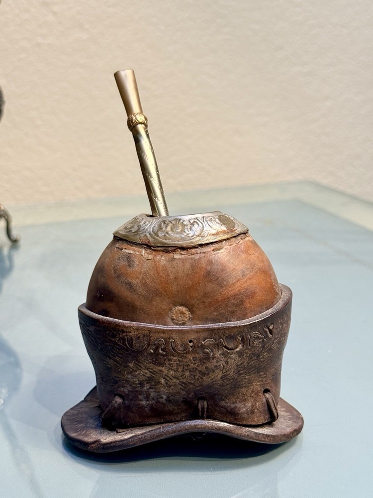 Yerba Mate Gourd Set Urugary Argentinian Cup with Bombilla & Leather Wrap