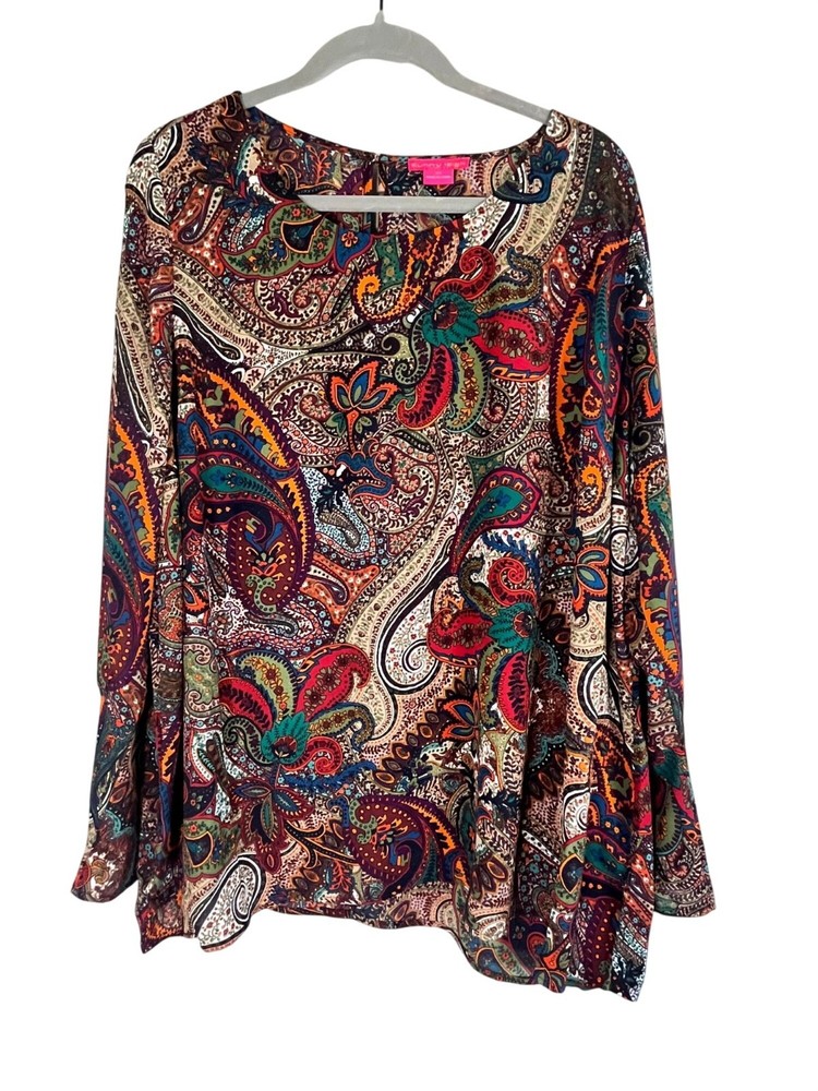 Colorful Paisley Tunic Top 3X Floral Tropical Resort Preppy Artsy Earthy Classic