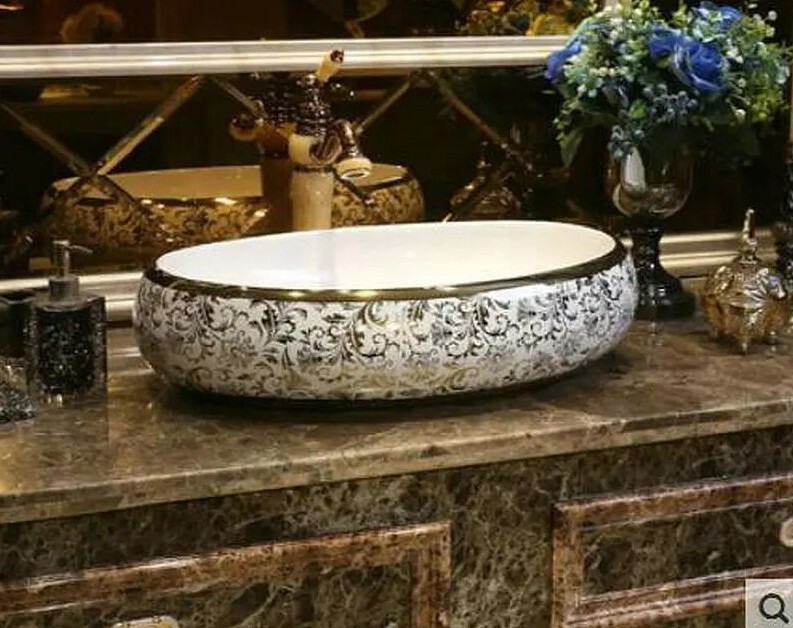 Oval Countertop Wash Basin Mosaic Design Ceramic Bathroom Vessel Sink 60x40x14cm