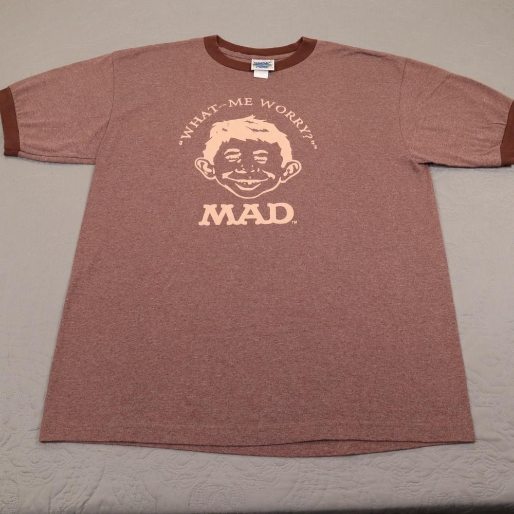 Vintage Mad Magazine T Shirt Worry Mens Large Brown Ringer Tee 2000s Y2K 90s