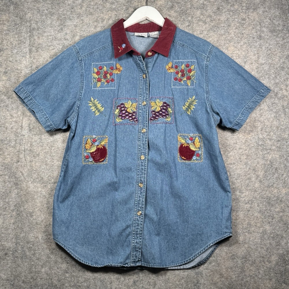 Vintage Bobbie Brooks Embroidered Denim Shirt w/ Corduroy Collar Womens Size L