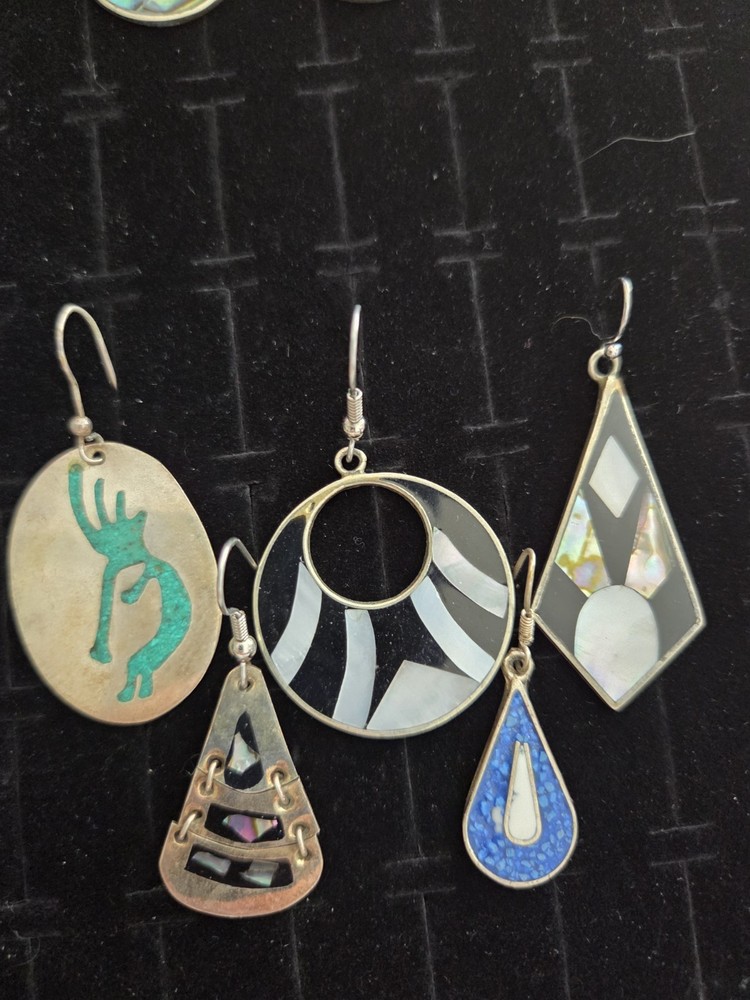 Vintage Mexican Alpaca Single Earrings Lot Abalone Stone Inlay Mexico Jewelry