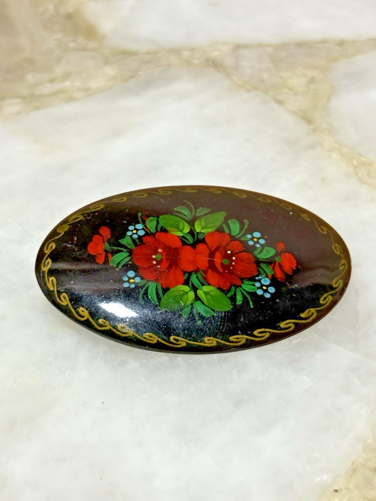 Russian Hand-Painted Floral Brooch Pin Black Lacquer Oval Artist Signed VTG