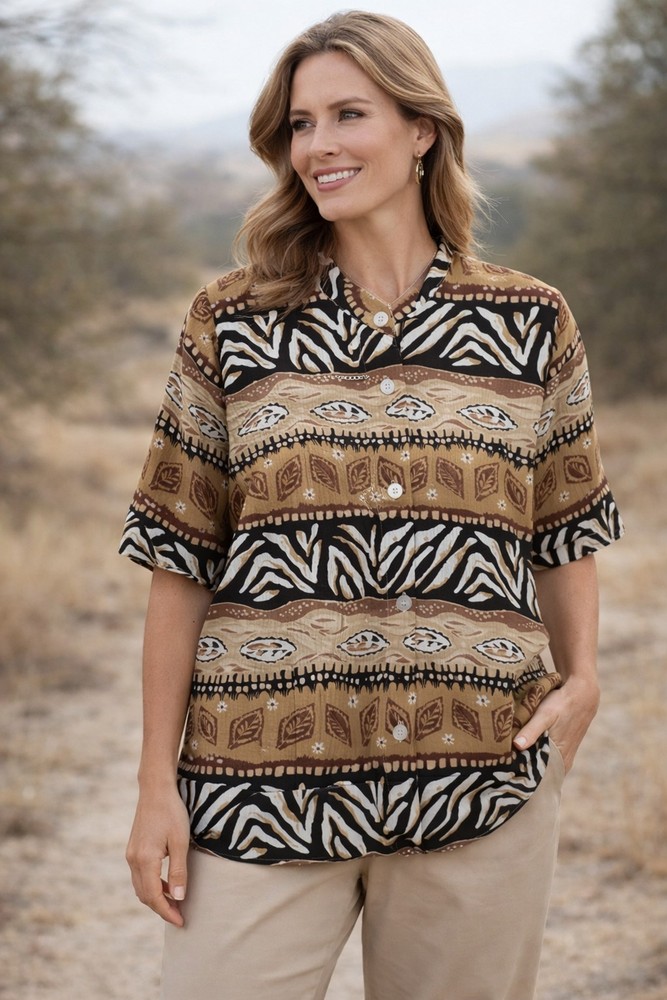 Alfred Dunner Women 1X Button Front Blouse Tribal Animal Print Tan Brown
