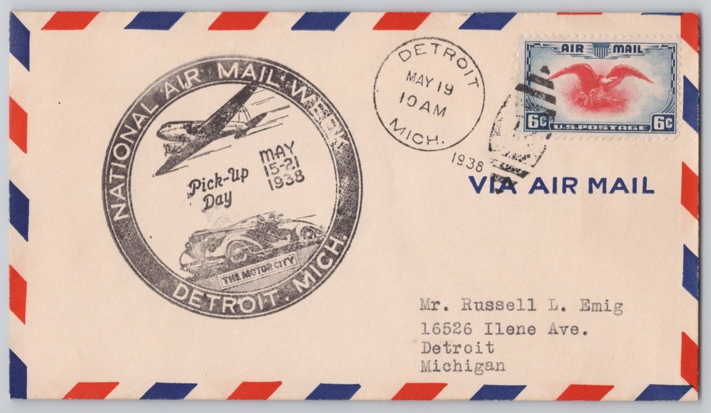 Detroit, Michigan — National Air Mail Week cachet, Pick-Up, 6¢ airmail — 1938