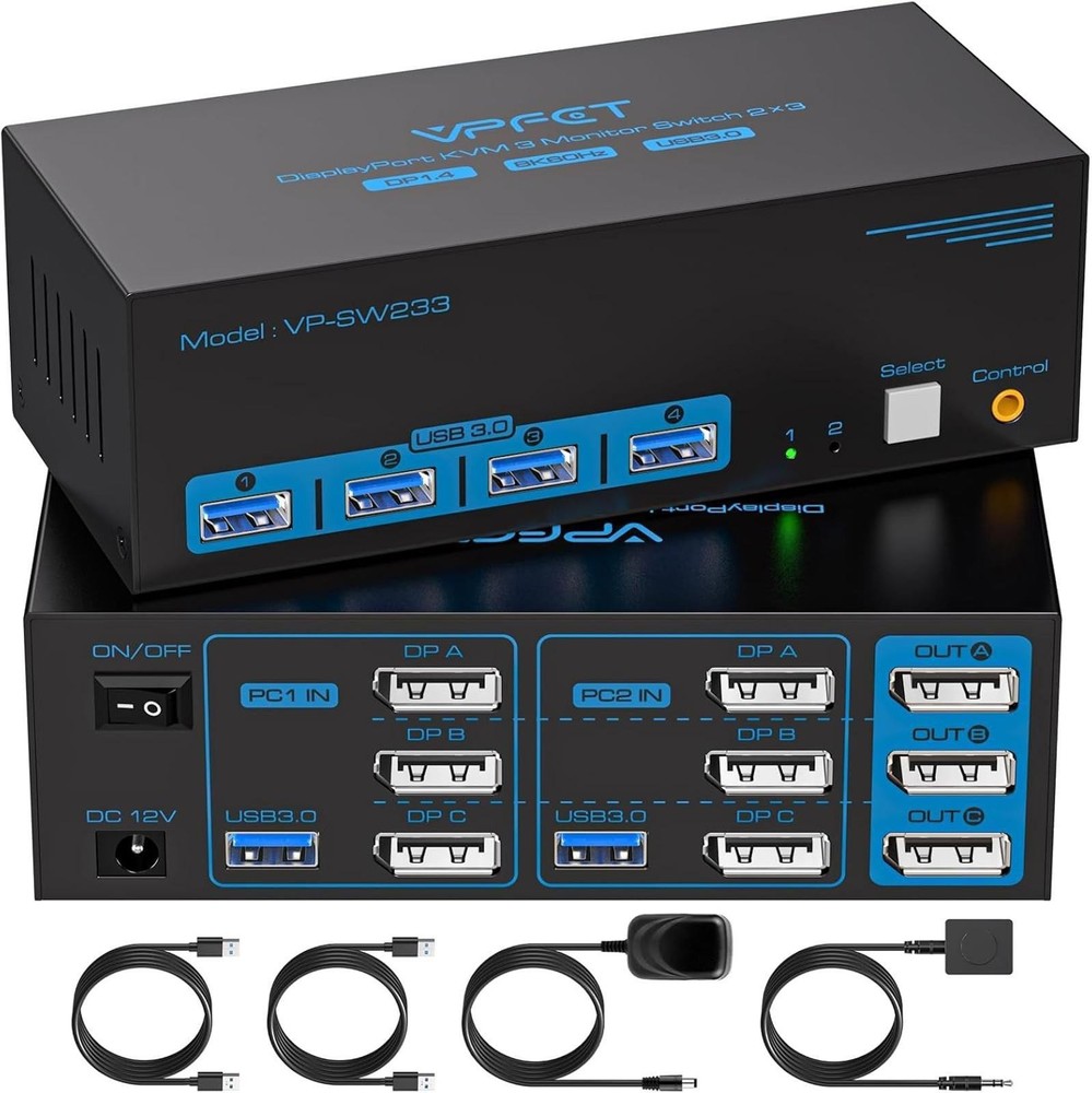 Triple Monitor DisplayPort KVM Switch-3 Monitors, 2 Computers- Grade A+