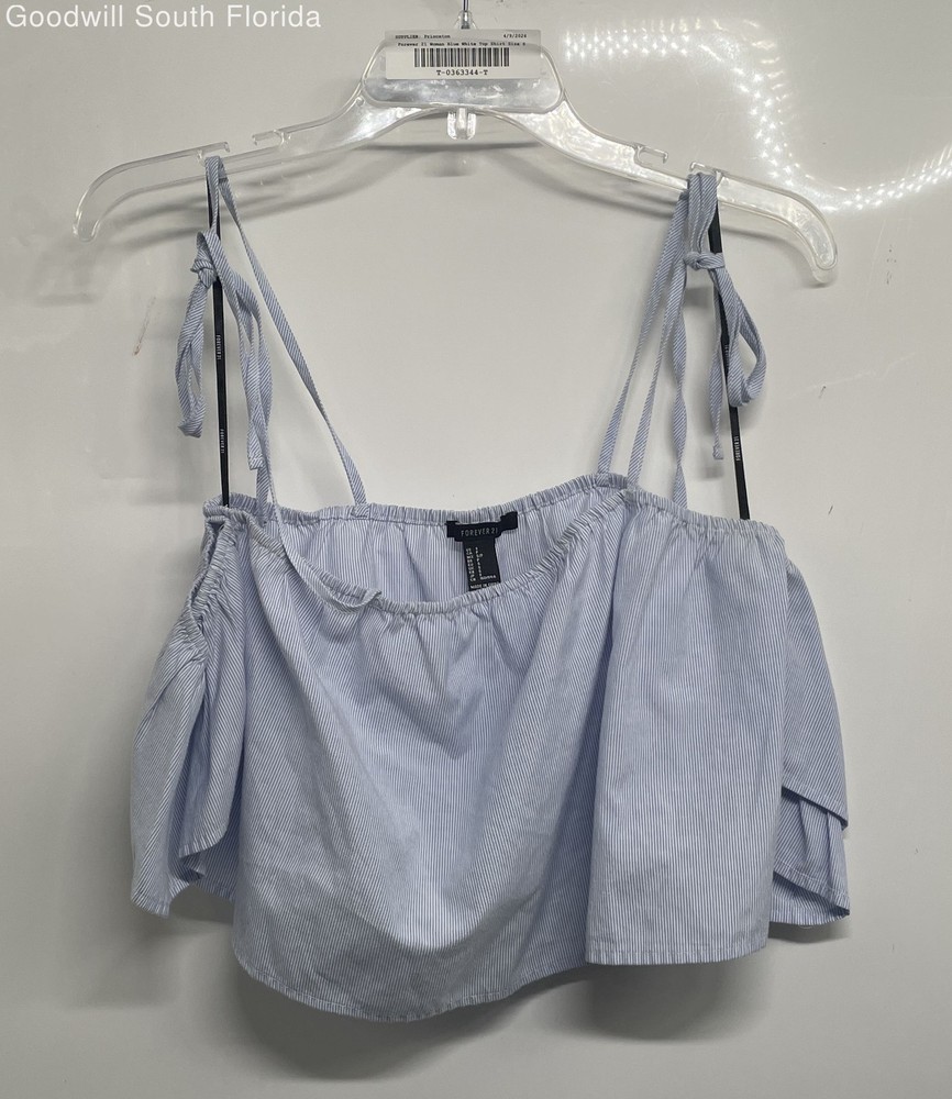 Forever 21 Womens Blue White Off-The-Shoulder Cropped Blouse Top Size Small