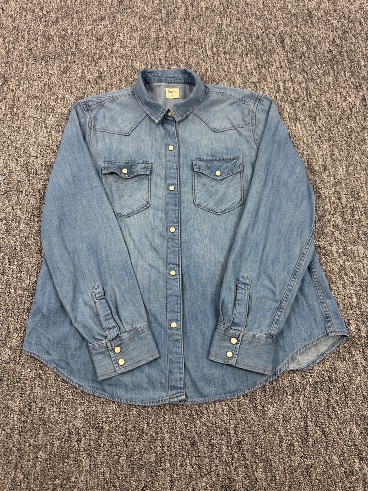 Gap Denim Shirt Women XL Western Indigo Sawtooth Pearl Snap Rockabilly Cowgirl