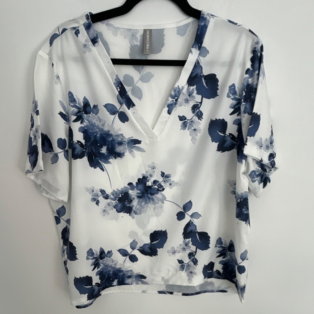 NORACORA Women's White Blue Floral V-Neck Short Sleeve Blouse XL