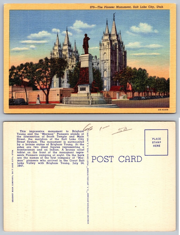 Pioneer Monument Salt Lake City UT Mormon Temple Linen Postcard Curteich 1940s