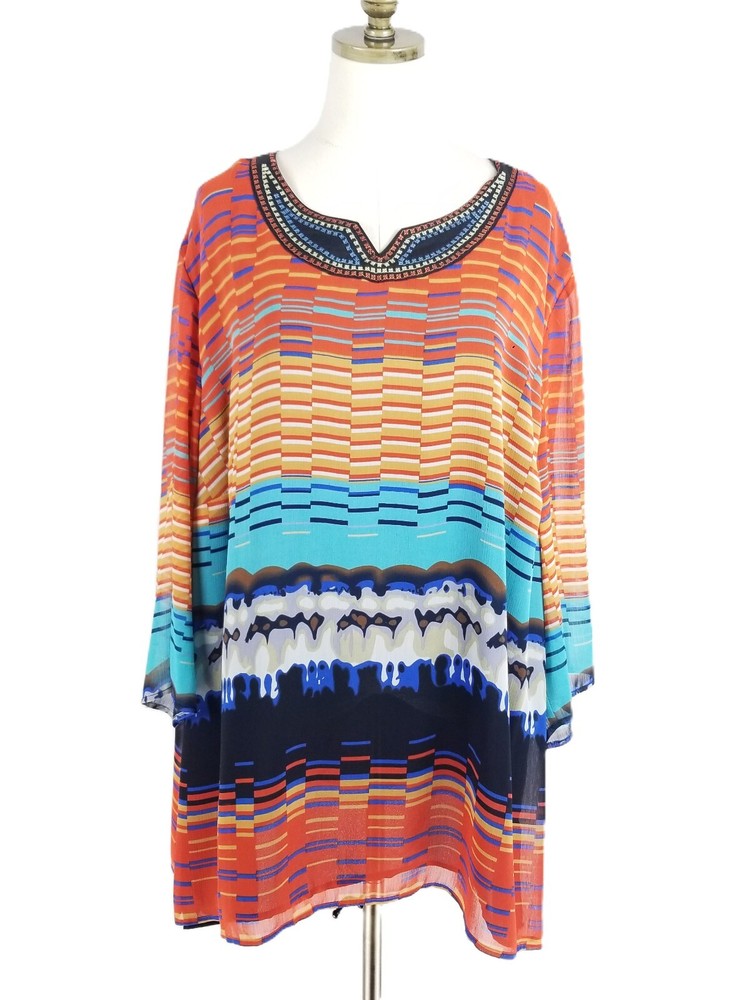 Maggie Barnes Plus Size 3X Colorful Striped Embroidered Tunic Top