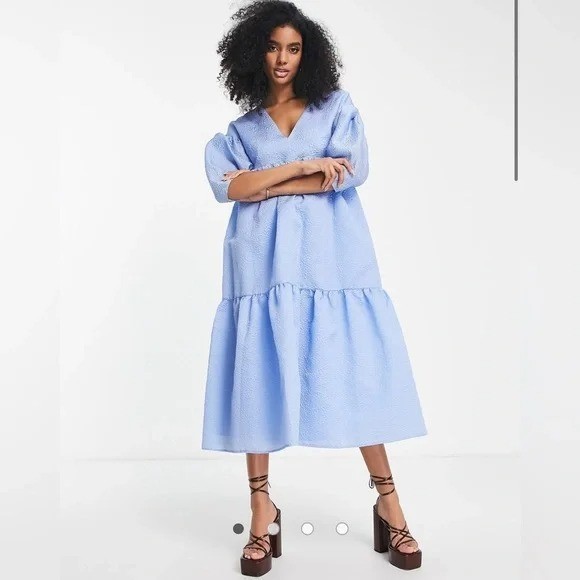 ASOS EDITION tiered jacquard midi dress with bow back in blue SZ 8UK 4US