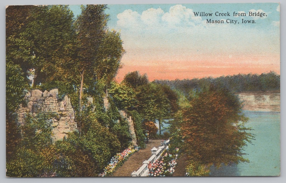 State View~Willow Creek & Path Viewed From Bridge~Mason City IA~Vintage Postcard