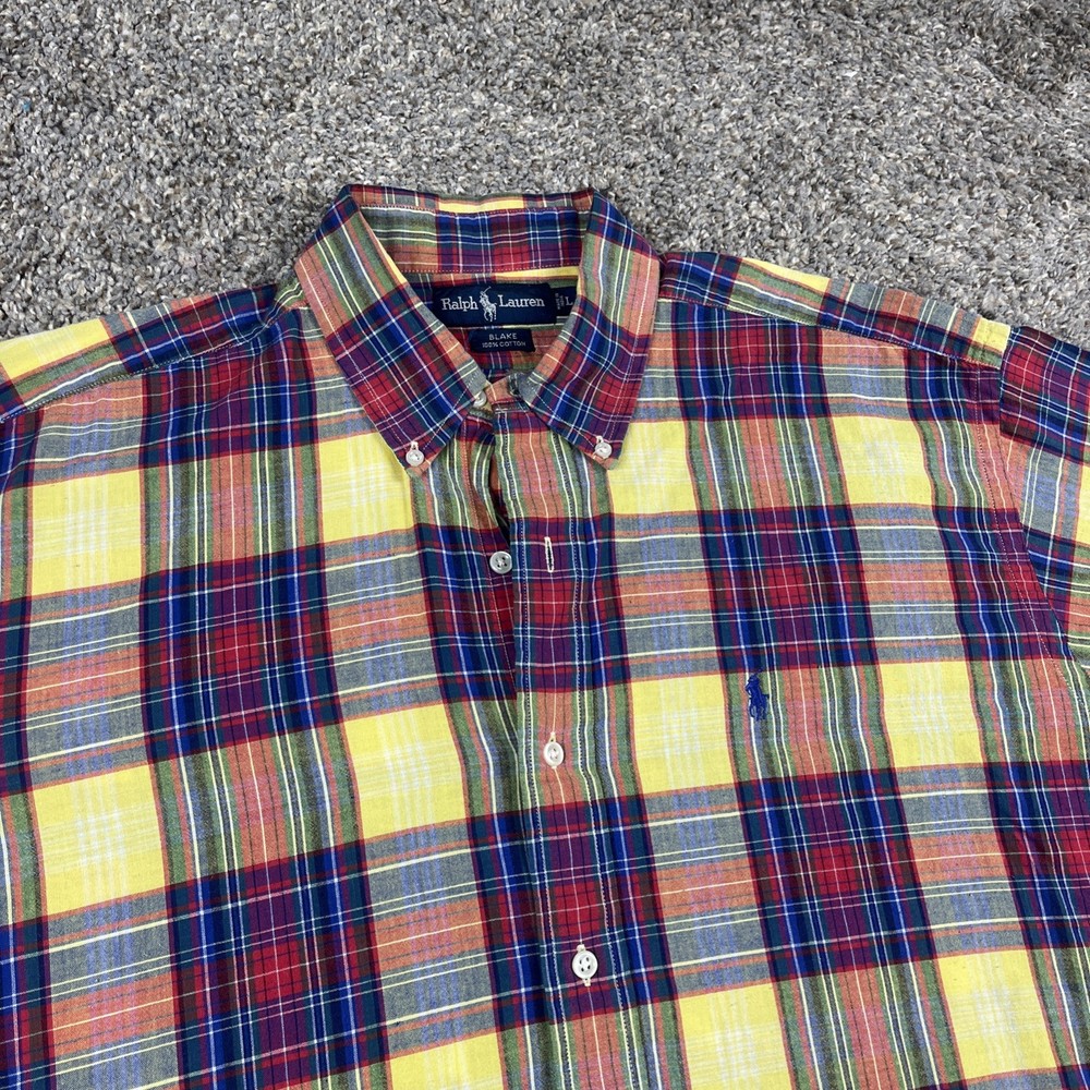 Polo Ralph Lauren Shirt Mens Large Yellow Blake Madras Plaid Short Sleeve