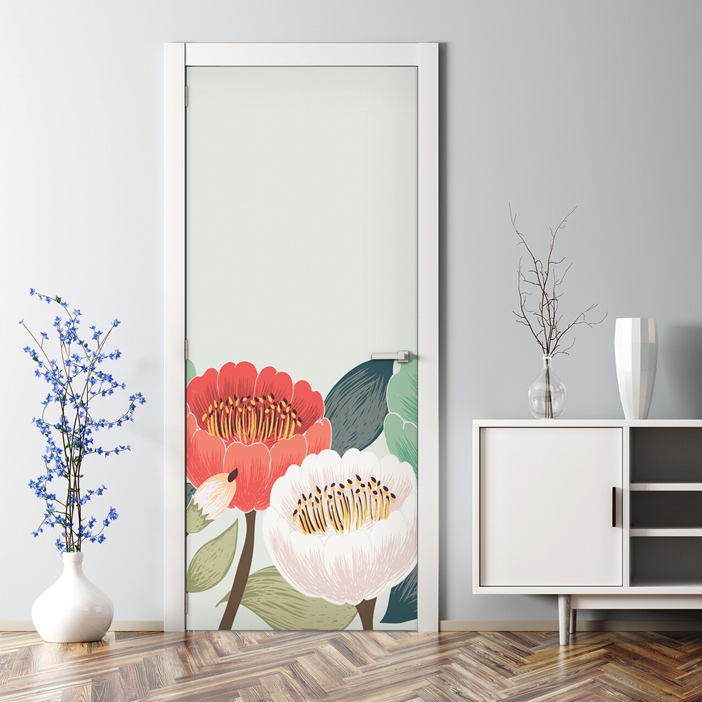 Floral Spring Flowers Bubble-Free Door Sticker Green Red Decal Home Decor  