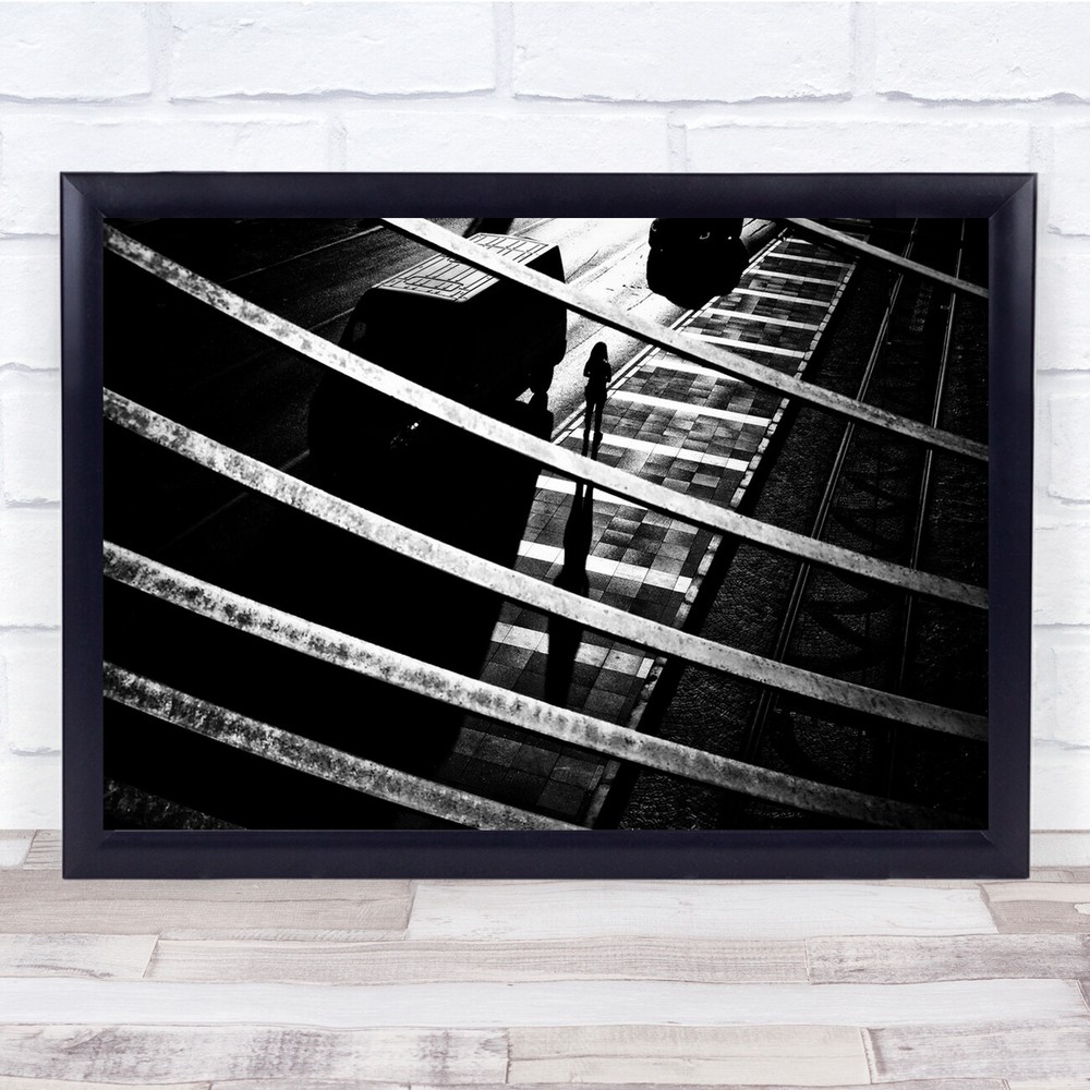 Stripes Black White People Cars Street Wall Art Print
