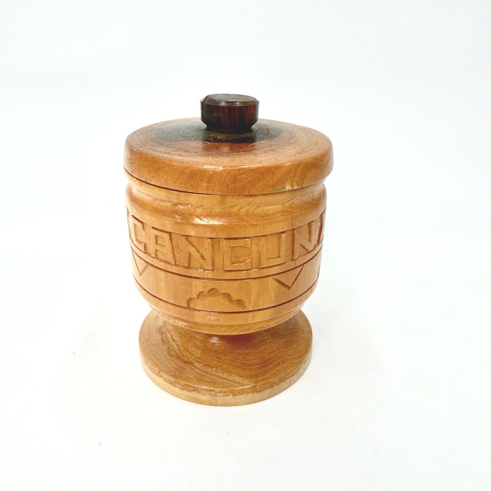 Vintage Hand Carved Wood Cancun Mexico Trinket Box Jar with Lid Pedestal 4.5