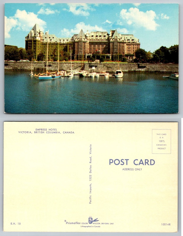Empress Hotel Victoria BC Canada Postcard Inner Harbour Boats Prismaflex Color