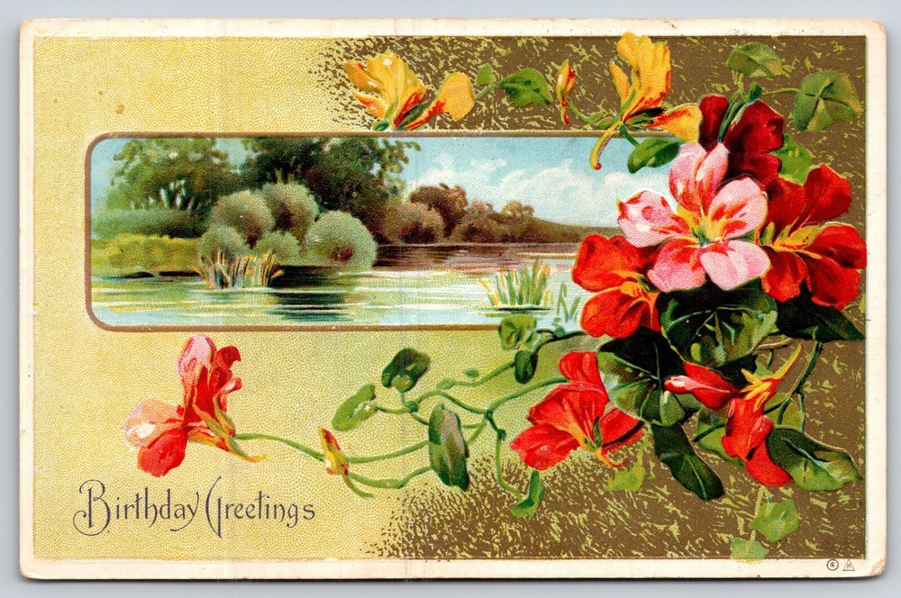 Greetings~Red & Yellow Flowers River Scene Birthday Greeting~Vintage Postcard