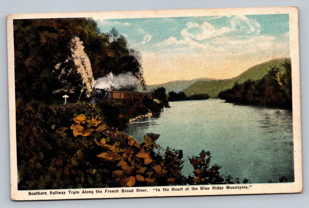 1920 Southern Railway Train Along French Broad River NC Vintage Postcard