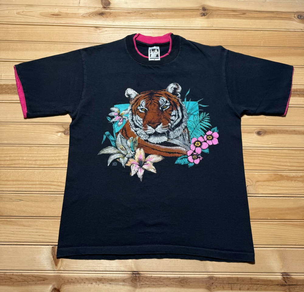 Vintage 1991 Tiger Floral Jungle Nature Wildlife Contrast Trim Shirt Size Medium