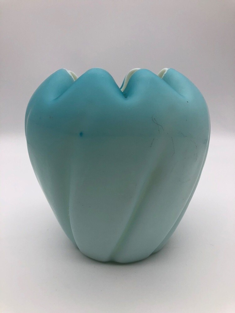 Crimped Rose Vase/ Bowl Blue Satin Glass Hand Blown Vintage