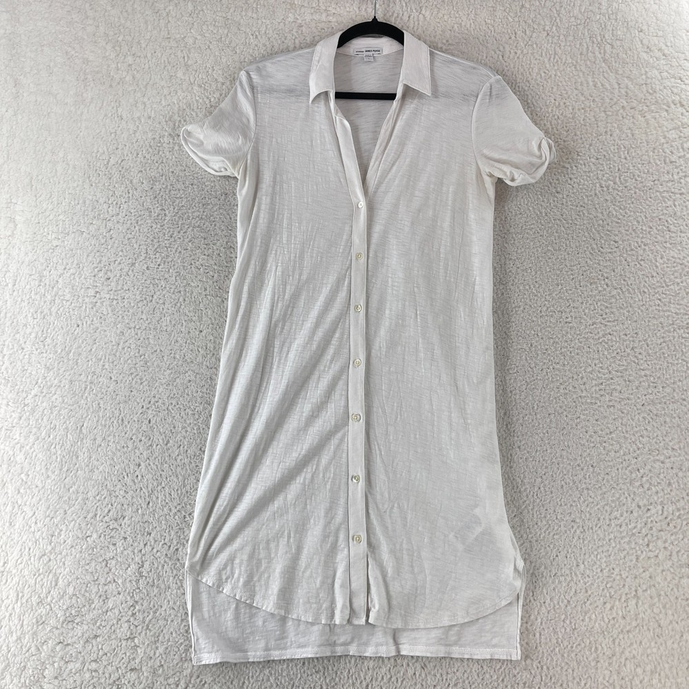 James Perse Shirt Dress Women's Small White Button Up Roll Tab Sleeve Casual
