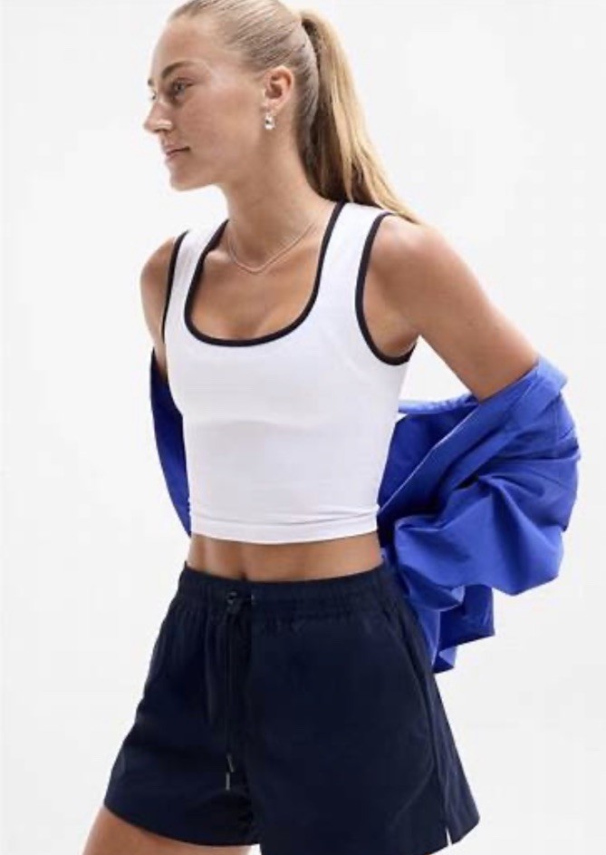 Athleta Renew seamless square neck crop tank- xs- white with navy- nwt-