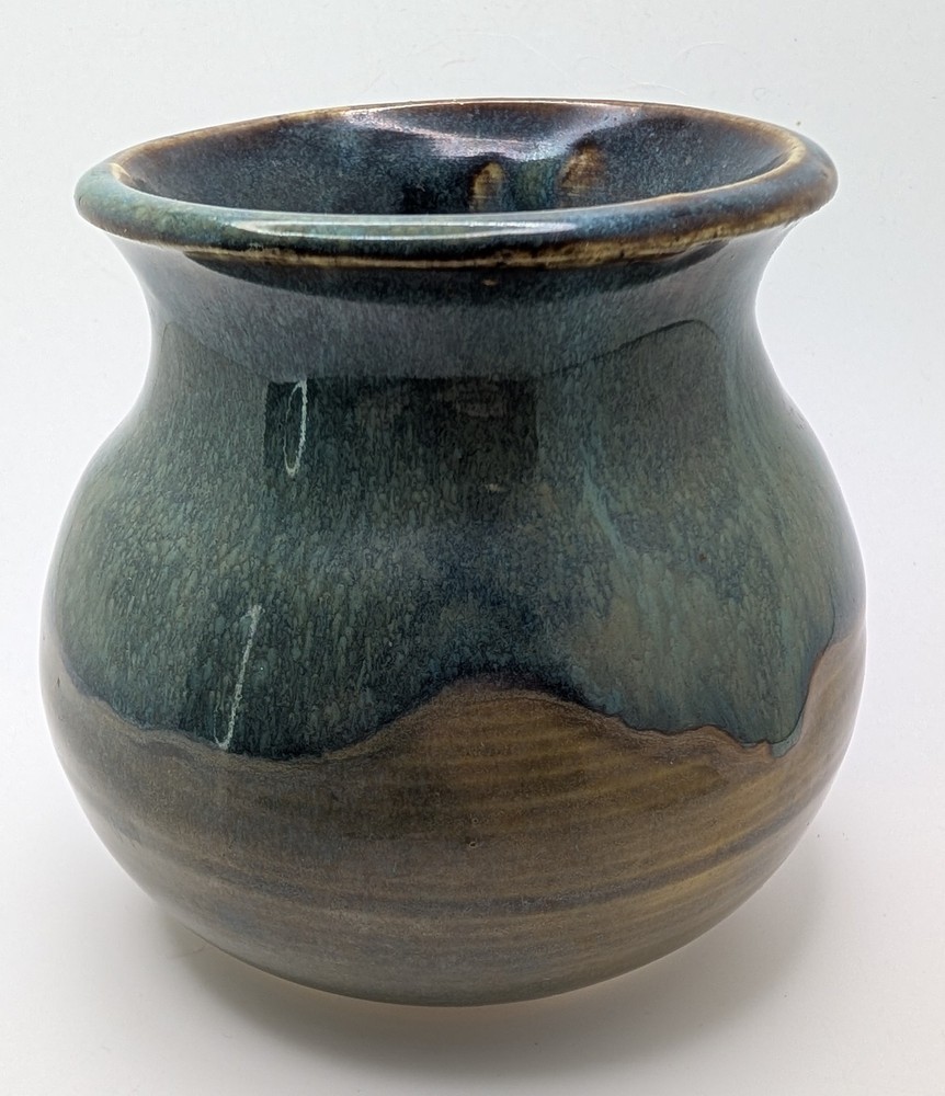 Signed Studio Art Pottery Hand Thrown Vase Pot Drip Glaze Green Small Vtg