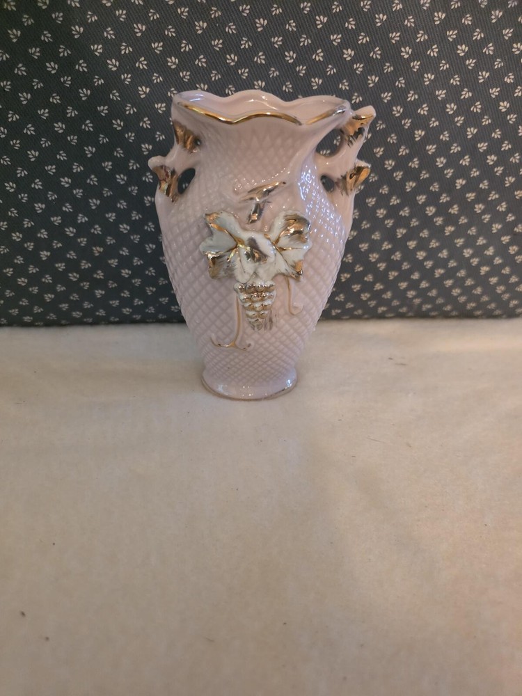 Vintage Japan Pink Lusterware Bud Vase Gold Trim Applied Grape Leaf 5