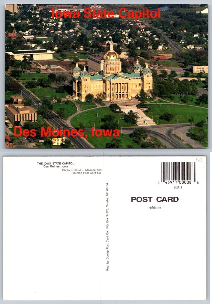 Iowa State Capitol Des Moines Postcard Aerial View Gold Dome Dunlap Post Card
