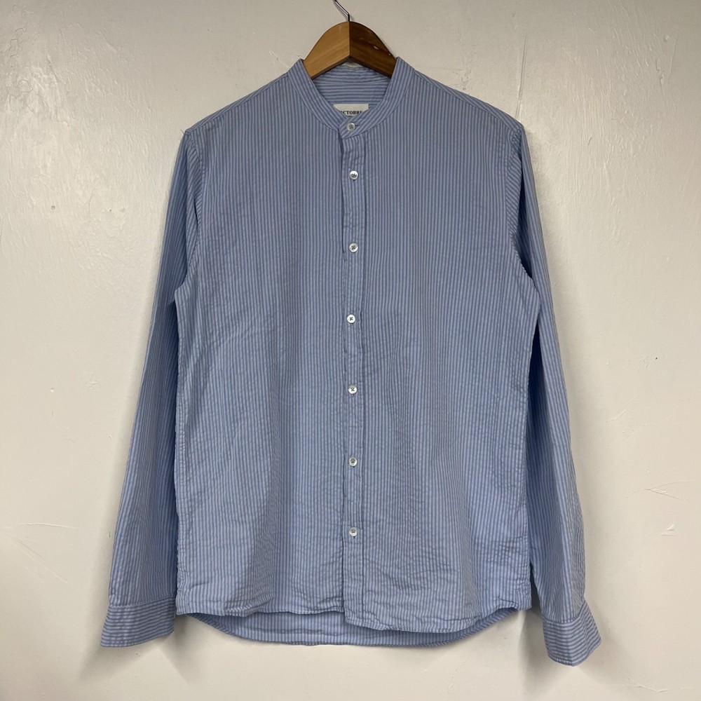 Octobre Editions Benny Seersucker Shirt Size Medium Blue Mens Button Up