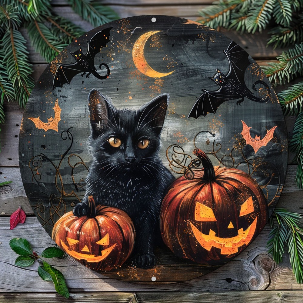 Spooky Black Cat Halloween Round Aluminum Wall Decor Gothic