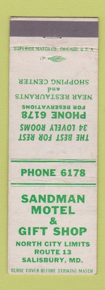 Matchbook Cover - Sandman Motel Salisbury MD