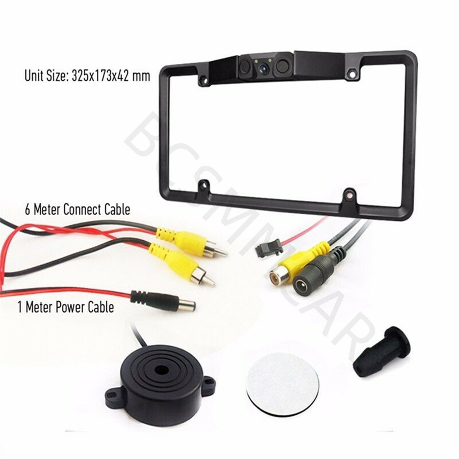 Car Parking Sensor Radar Rearview Reverse Backup Camera 2LED License Plate Fram