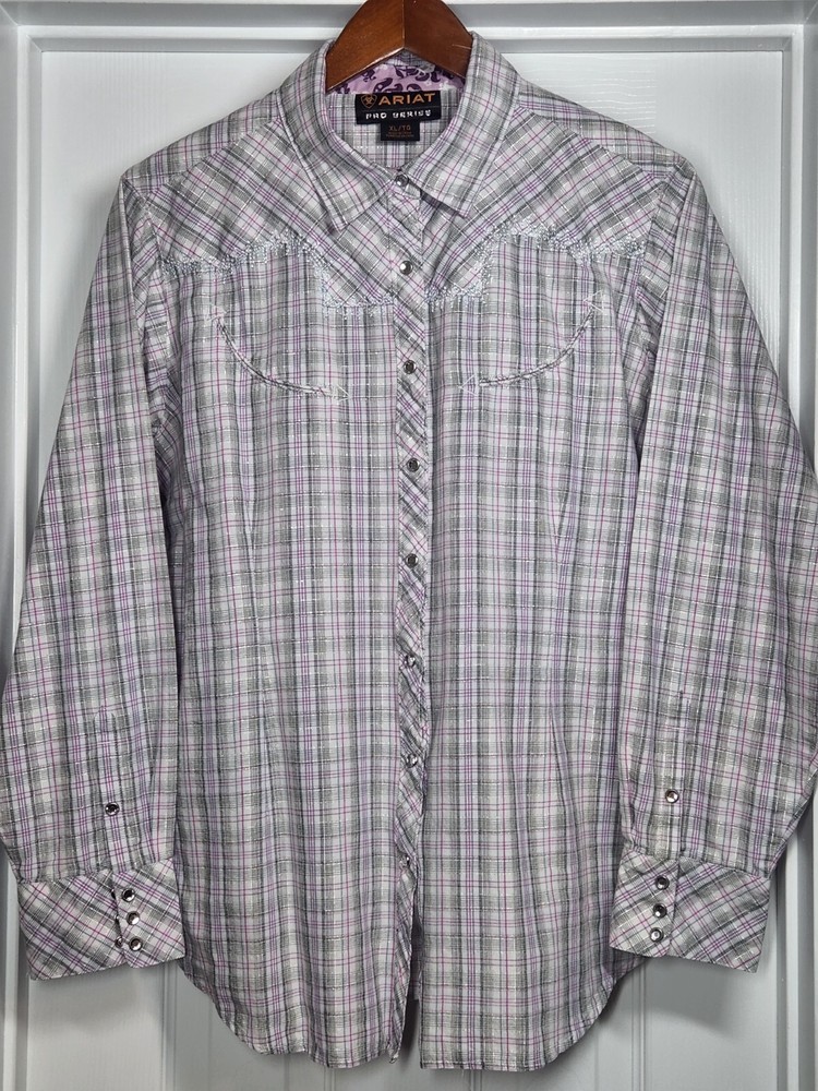 Ariat Pro Series Womens XL Western Shirt Pearl Snap Long Sleeve Plaid Pink Gray