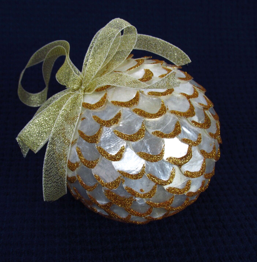 Capiz Shell Layered w/ Gold Glitter Accent Christmas Round Ball Ornament 3.5