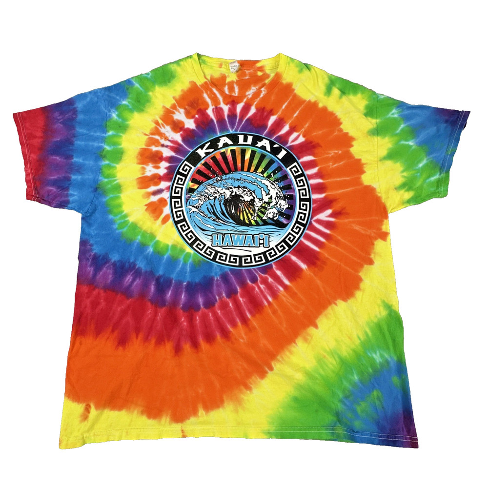 Vintage Kauai Hawaii Tie Dye Graphic T Shirt Men's Size 2XL Surf Wave Colorful