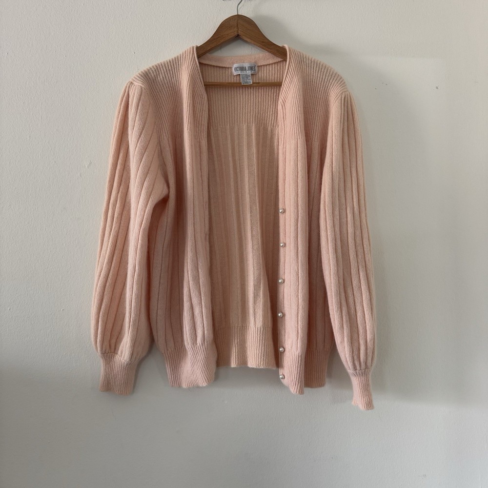 Vtg Victoria Jones Cardigan Sweater L Pink Lambswool Button Up Coquette Office