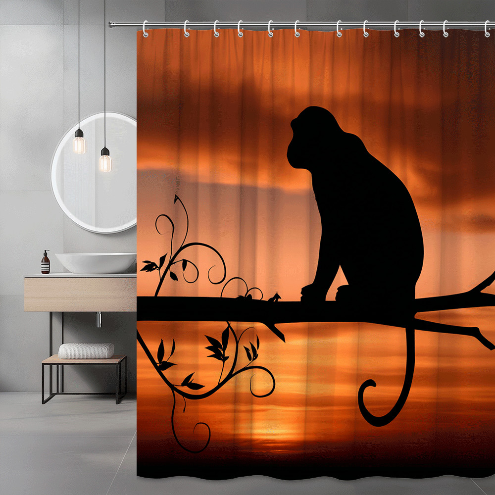 Monkey Silhouette Sunset Shower Curtain Orange Black Graphic