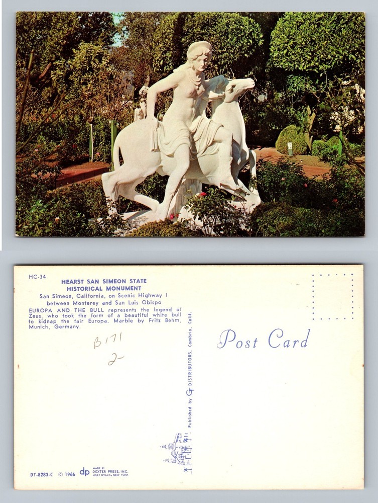 San Simeon, CA-California, Hearst Castle Europa Statue c1966 PC Vintage Postcard