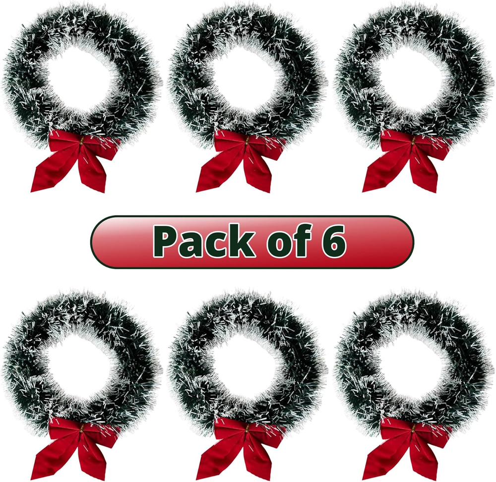 6Pk Christmas Wreath 9.5 Inches with Red Velvet Bow Tinsel Wreath for Home Windo